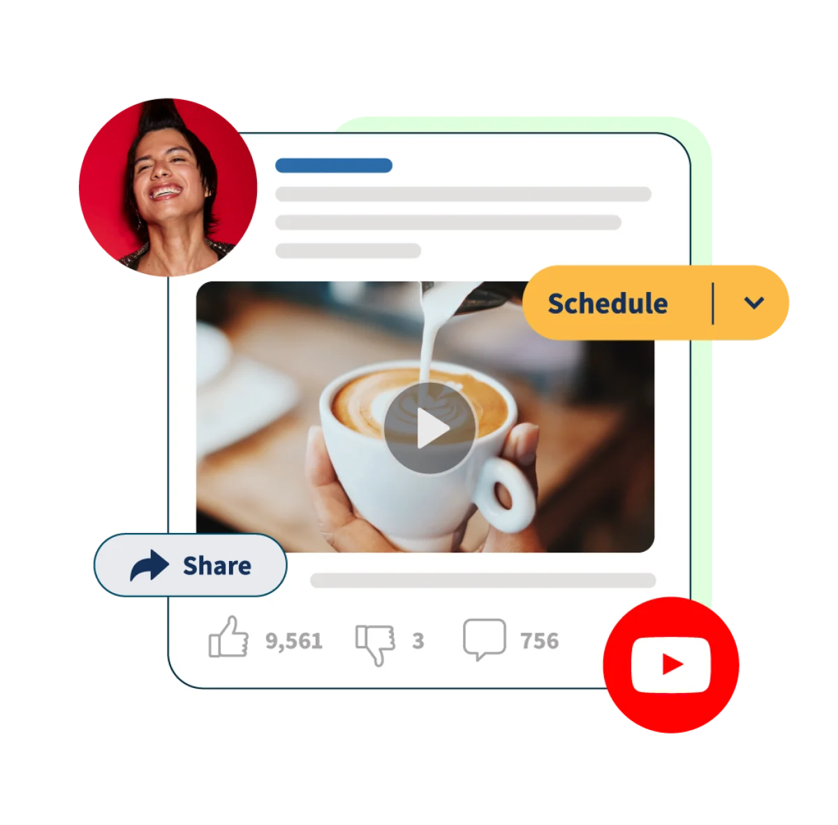 Youtube post of coffee pouring with "schedule" and "share pop-ups