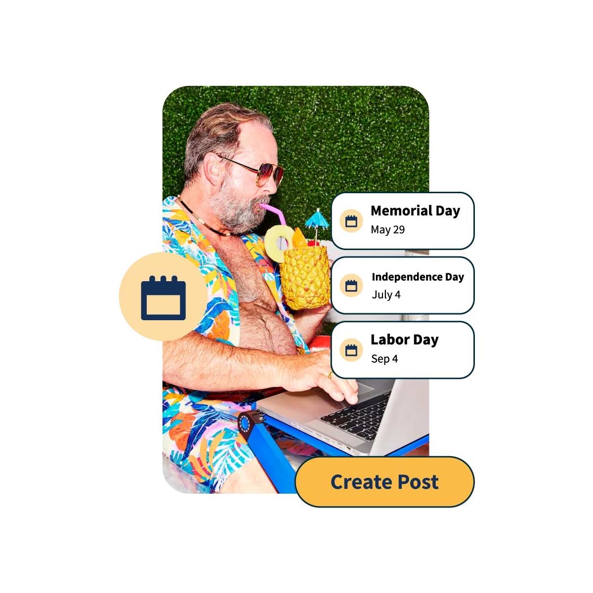 Mann nippt an einem Cocktail aus einer Ananas und verwendet dabei OwlyWriter AI für die Content-Erstellung