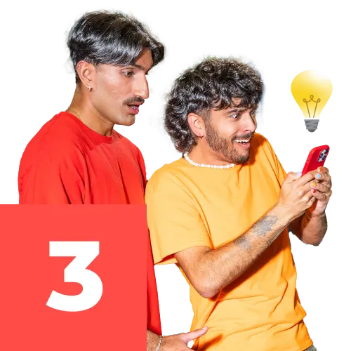 Two men holding smartphone with light bulb emoji next to the number three