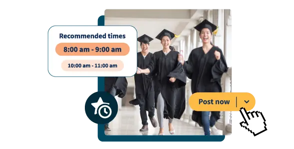 Hootsuite product shot with students in their graduation gowns in the background