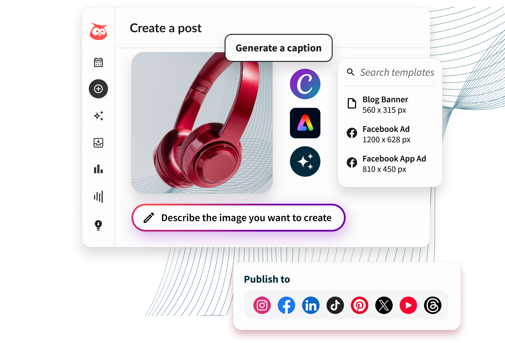 Hootsuite OwlyGPT AI post creation tool generating a social media caption with hashtag suggestions
