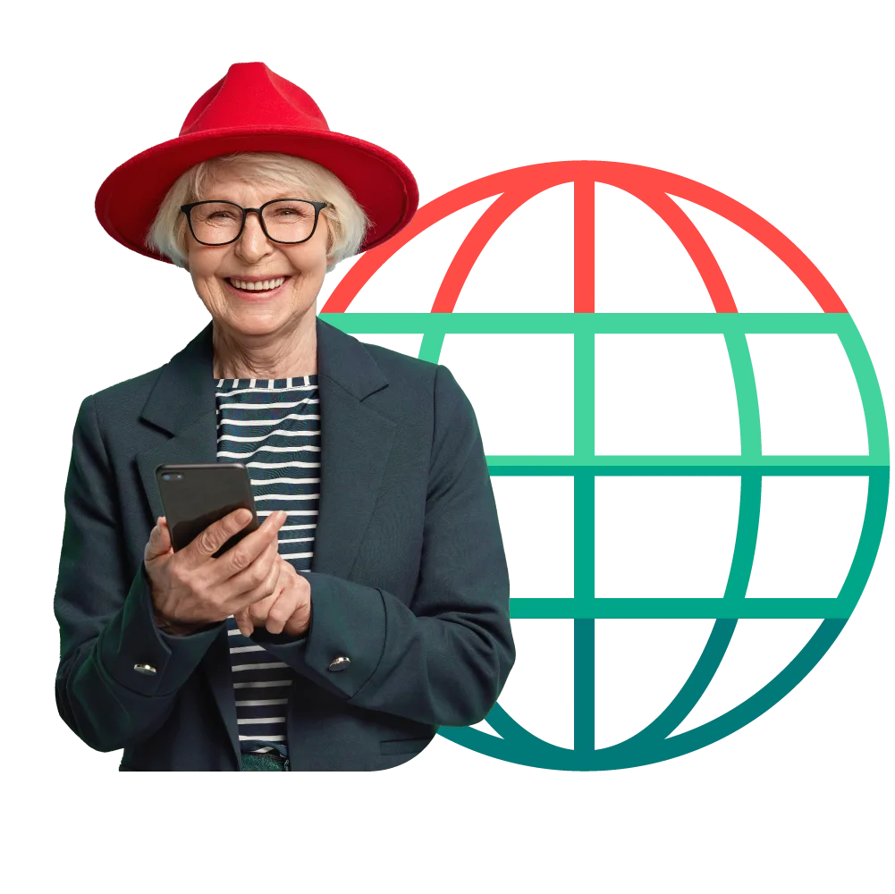 Person am Telefon mit Globus im Hintergrund