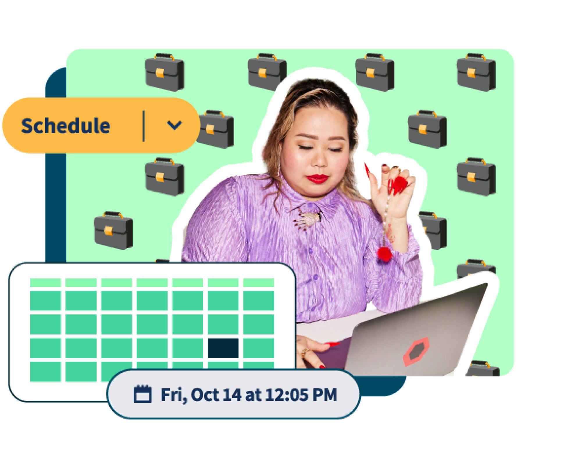 Aufnahme einer Frau an ihrem Laptop mit Kalender-Grafiken