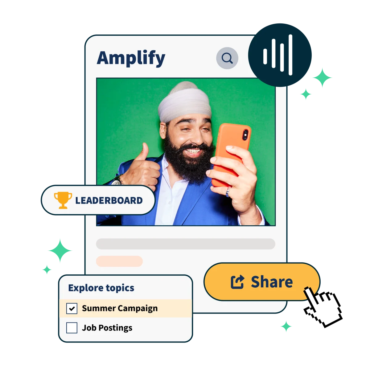 Homem olhando para o celular e fazendo sinal de positivo com o painel de controle do Amplify