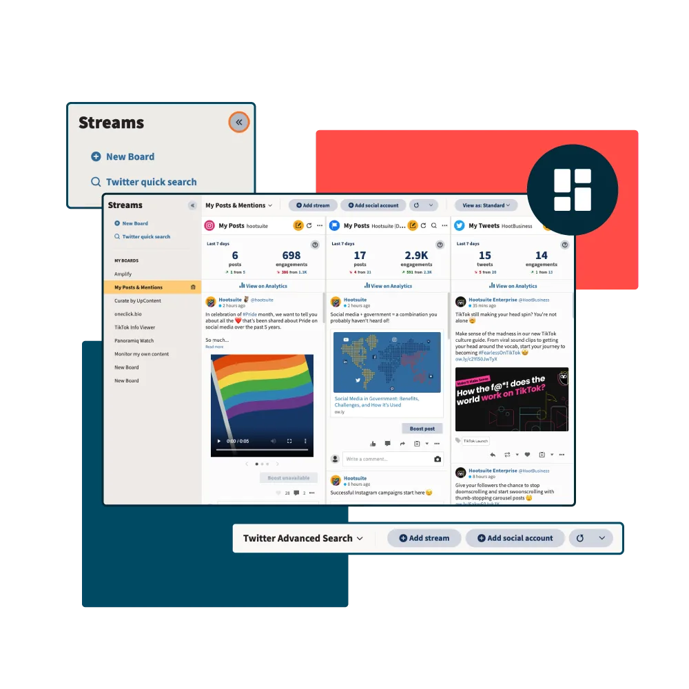 A screenshot of the Hootsuite dashboard stream management system.