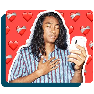 Man looking at phone with hearts in the background