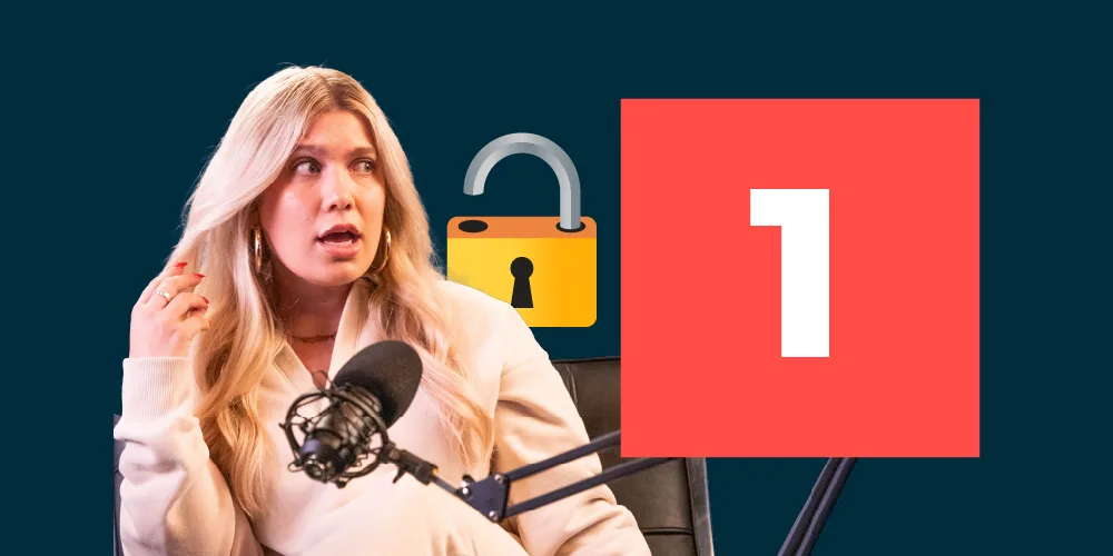 Woman in front of microphone with open lock emoji next to the number one