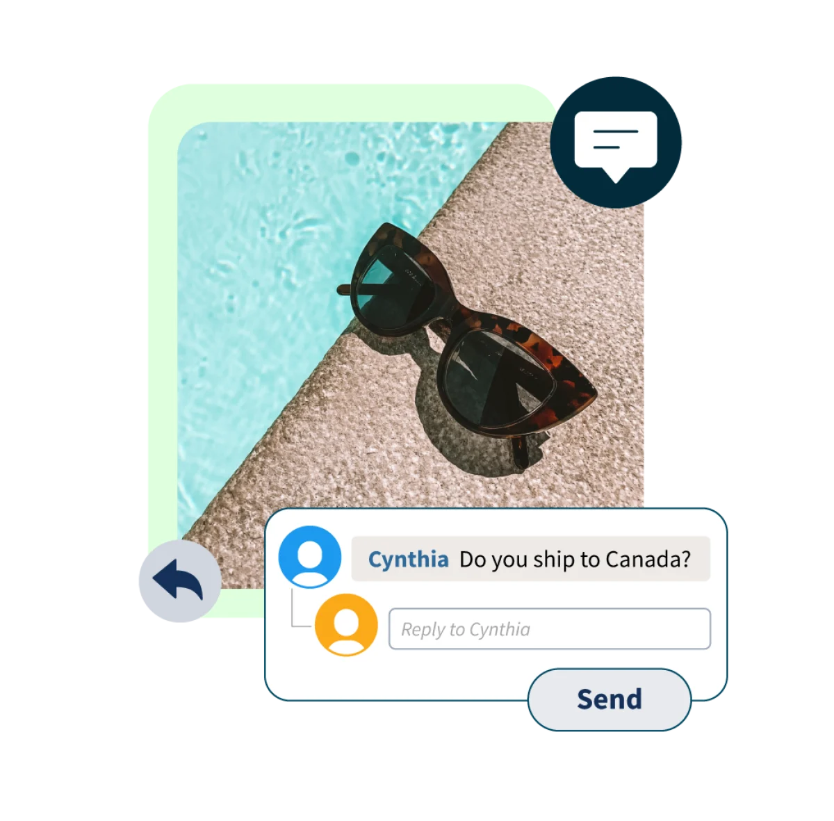 picture of sunglasses by the pool along with a pop-up of a comment saying "do you ship to canada?"