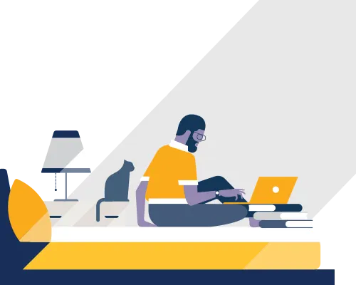 A graphic of a man sitting on a couch with a laptop
