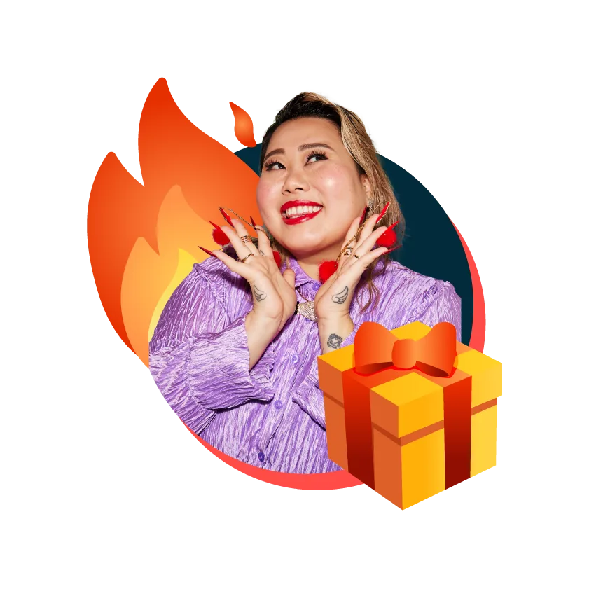 Woman smiling next to flames and present emoji