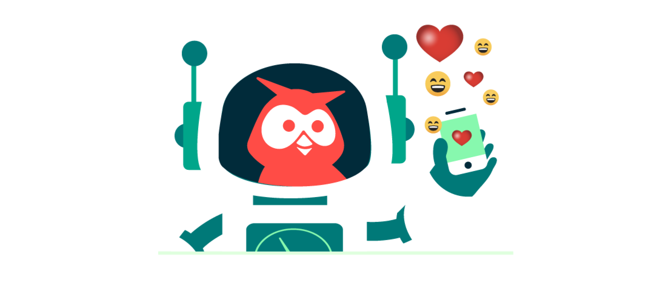 Owly en traje de robot mostrando OwlyWriter AI