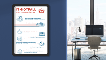 Büro mit Schreibtisch und IT-Notfallplan an der Wand