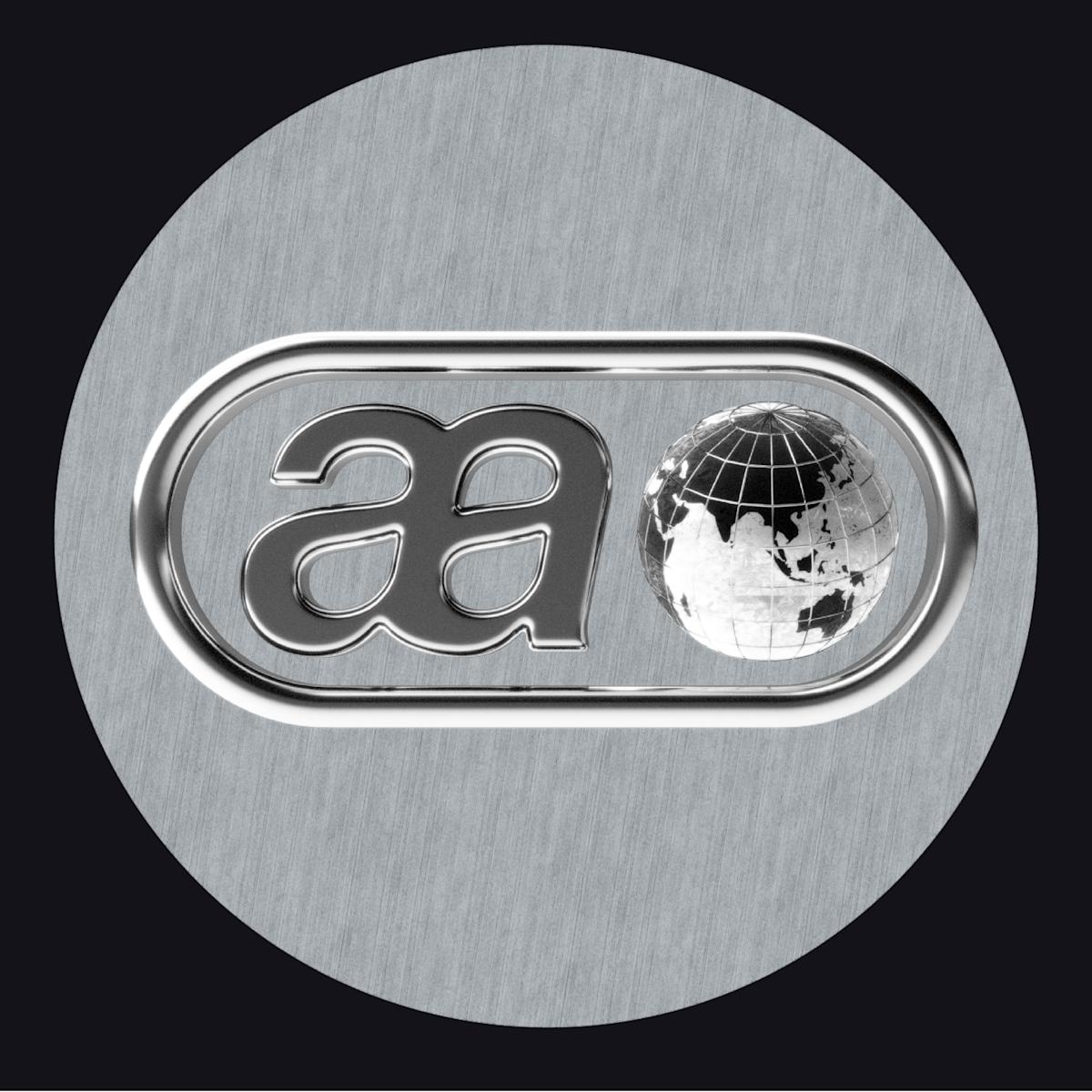 Silver record sleeve with metallic Axel Arigato logo and a global icon on a black background.