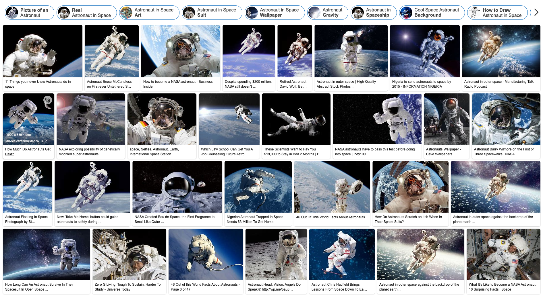 Bing image results for “astronaut in space” 