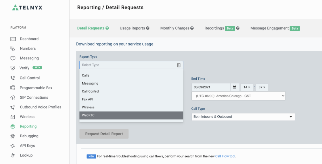 Requesting WebRTC Call Detail Records in the Mission Control Portal