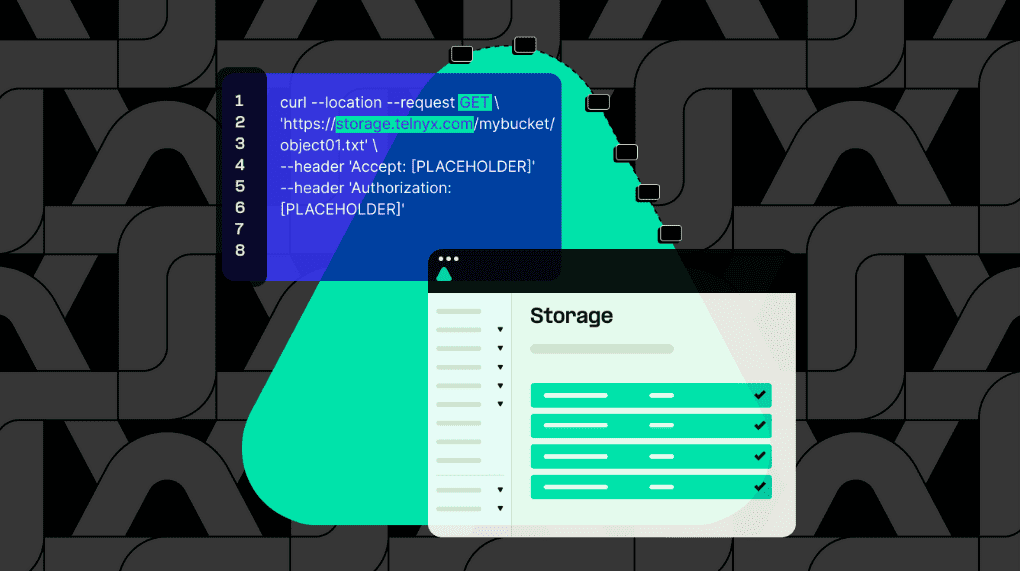 Telnyx data storage code sample over logo background