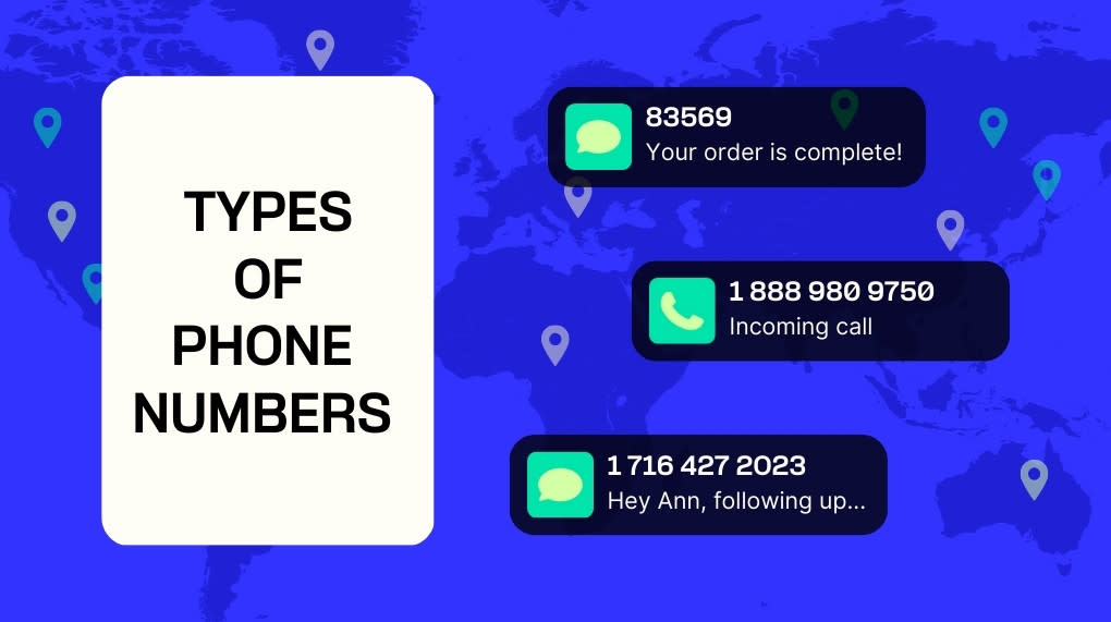 types of phone number examples over world map
