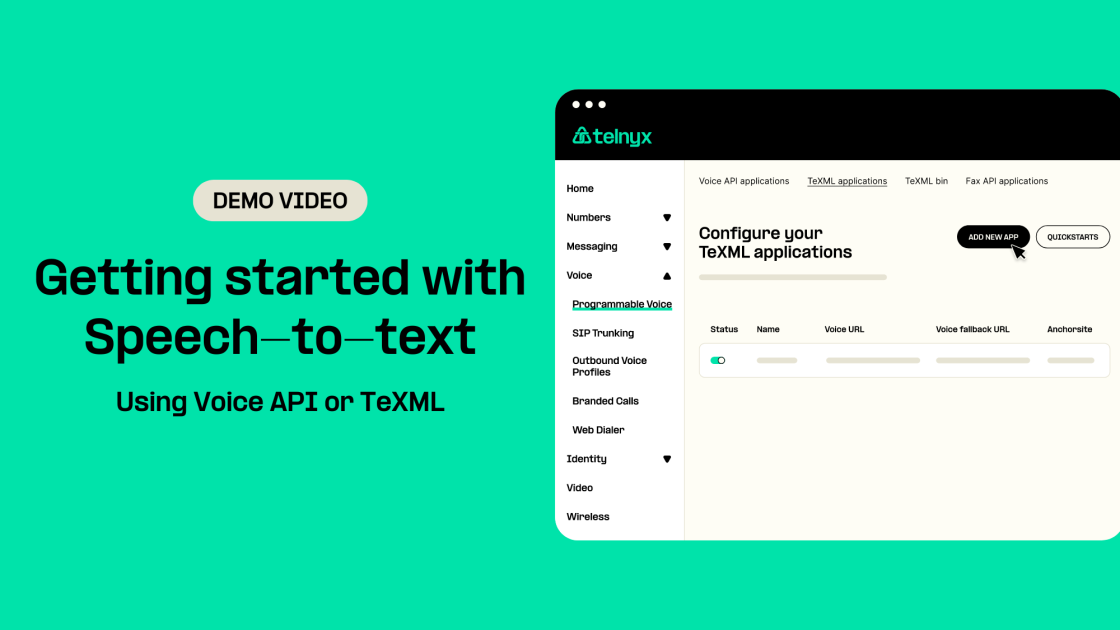 Feature image, shows TeXML programmable voice portal screen and getting started with speech-to-text