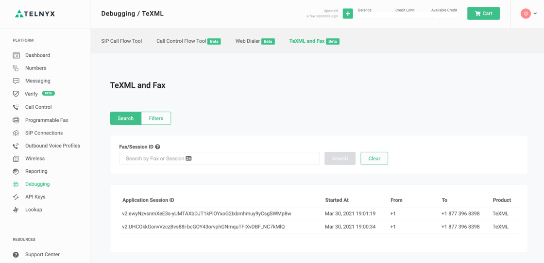 Self-Service Debugging for TeXML and Fax