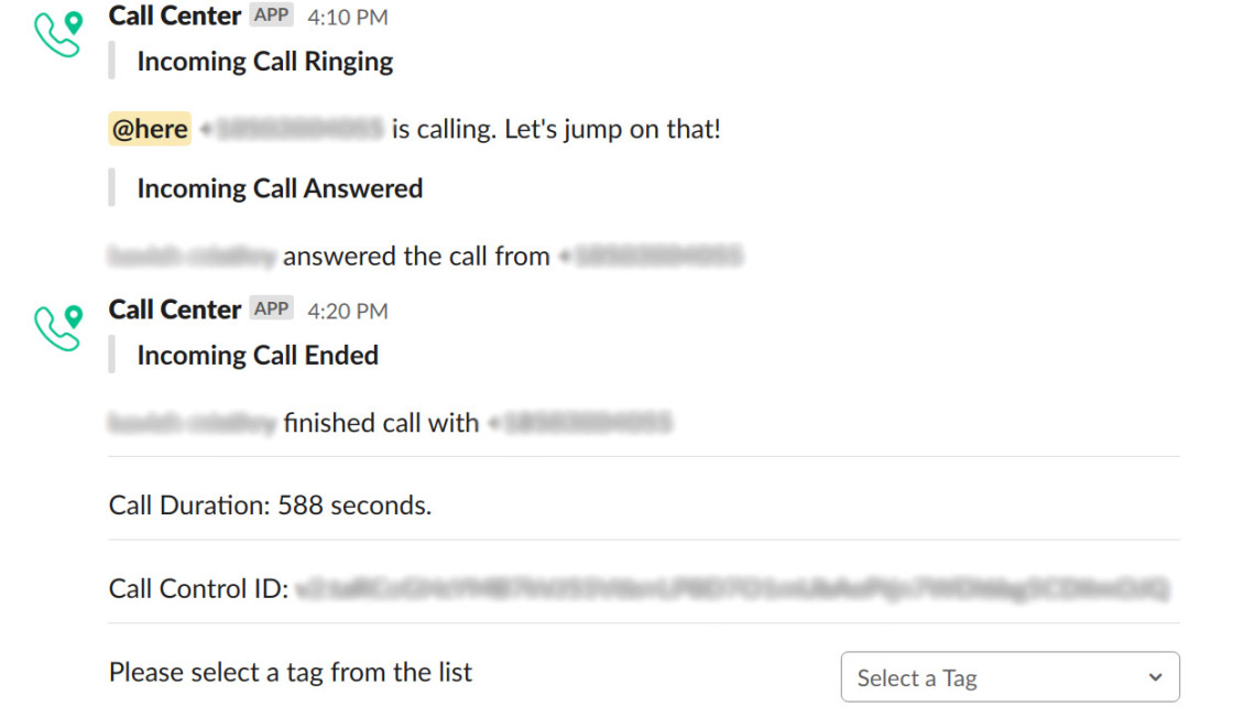 Screenshot of Slack integration for TeXML Call Center Application