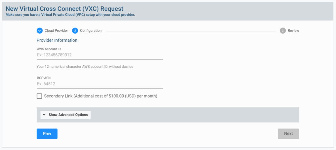 v2 New Virtual Cross Connect Request for AWS Direct Connect setup