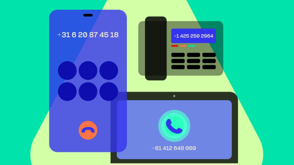 Desktop, mobile phone, landline phone in Telnyx branding colors