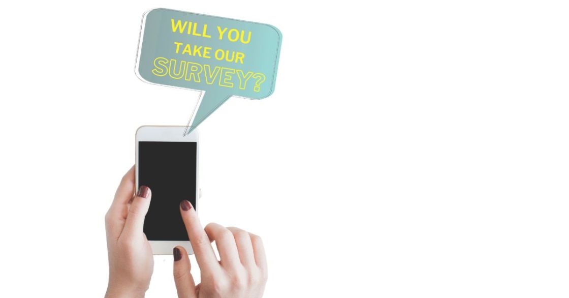 SMS survey example: hands holding iPhone with speech bubble