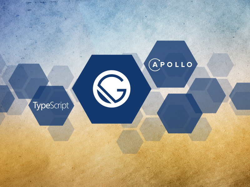 Anordnung diverser Hexagon in dunkelblau mit Logos der Technologien Apollo, GatsbyJS und TypeScript auf blaugoldenem Hintergrund mit Struktur