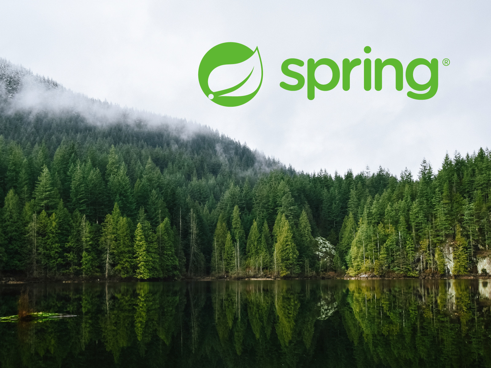 Lake and green forest with foggy sky and Spring Boot logo.