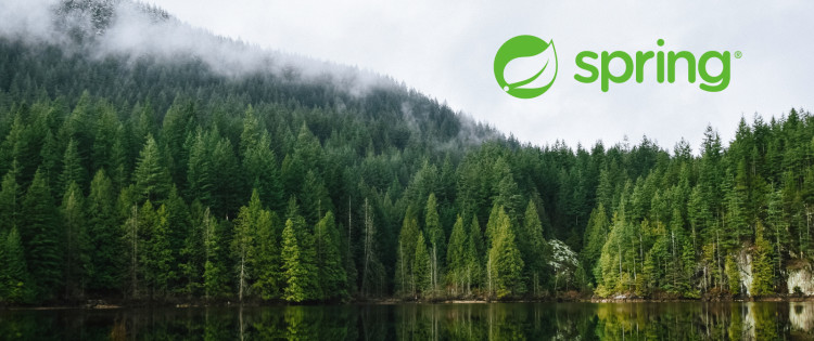 Lake in front of a forest with foggy sky and green Spring Boot logo in the background.