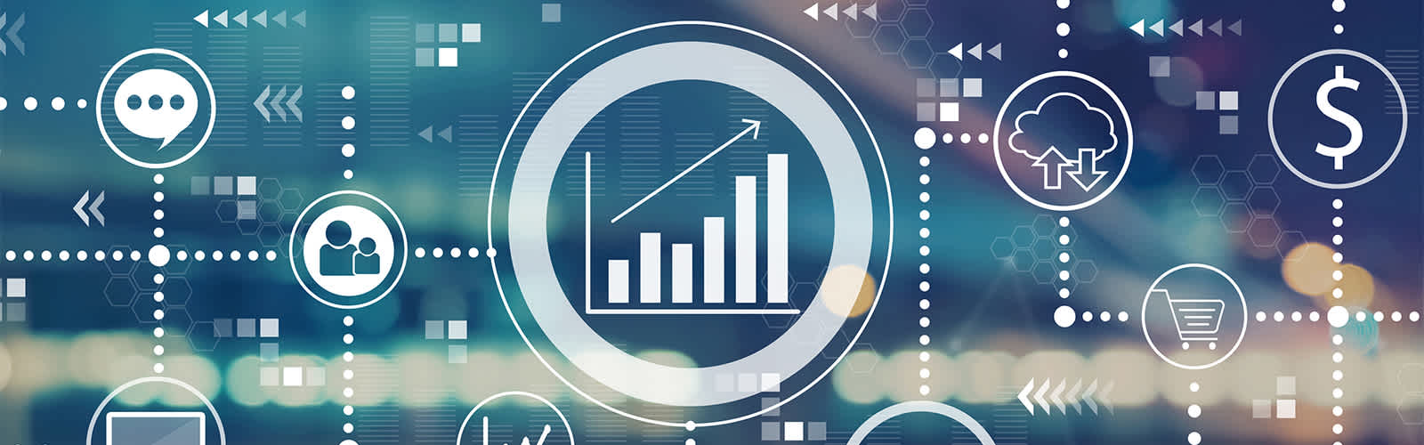 Illustration von einem Statistik Dashboard mit weissen Icons und verschwommenen Stadtlichten