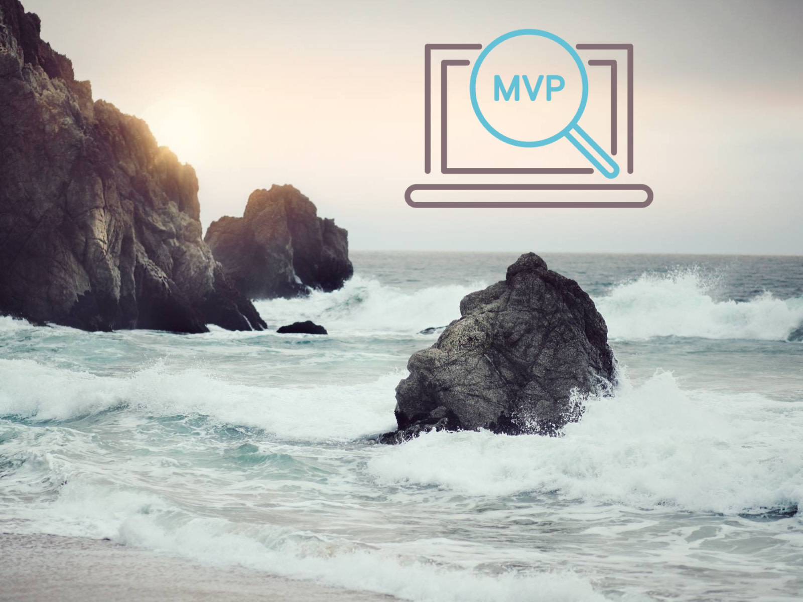 MVP icon in the front, Seashore with small waves crashing at the rocks at sunrise in the background. 