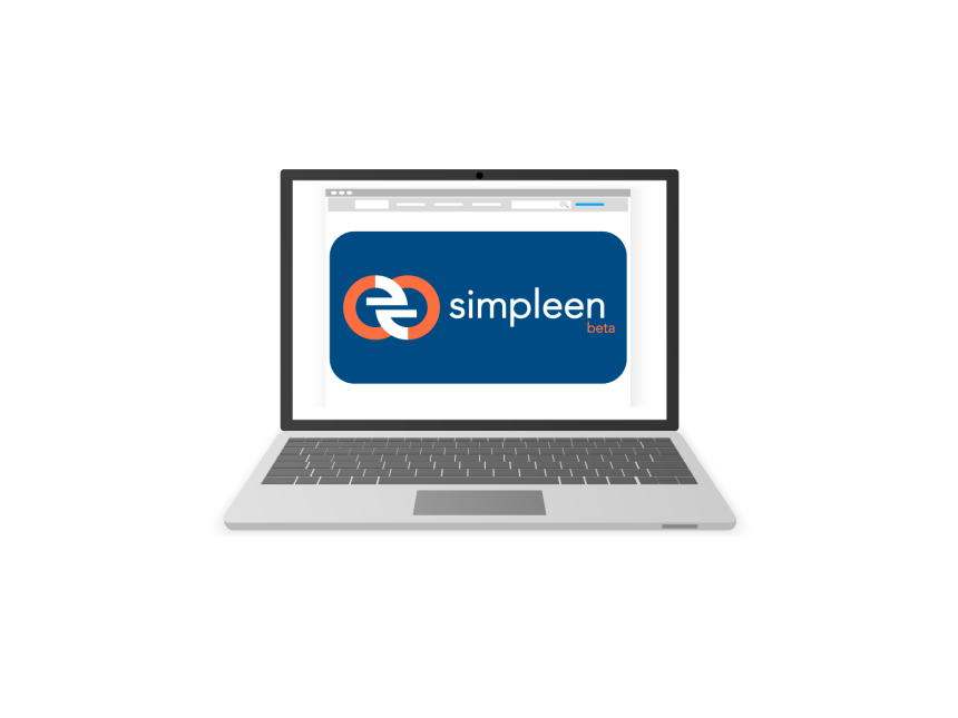 Textlogo von simpleen.io in weiss orange auf blauem Hintergrund in einem Browser-Tab auf einem Laptop.