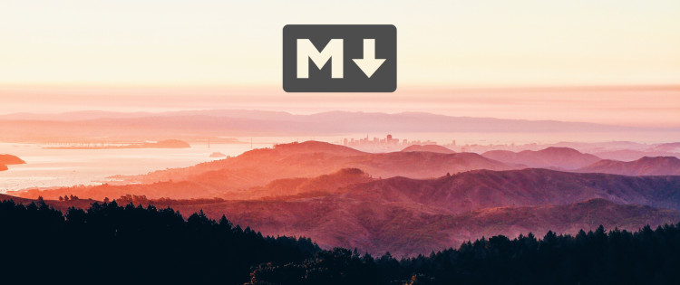 Forest, hills, ocean and city at sunrise with markdown logo.