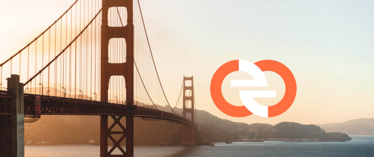 Golden Gate Bridge in San Francisco at sunrise with the logo of Simpleen Translation in orange and white in the background.