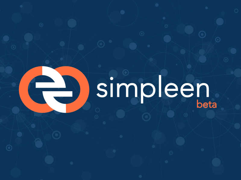 Simpleen Beta text logo on dark blue background with futuristic light-blue transparent dots.