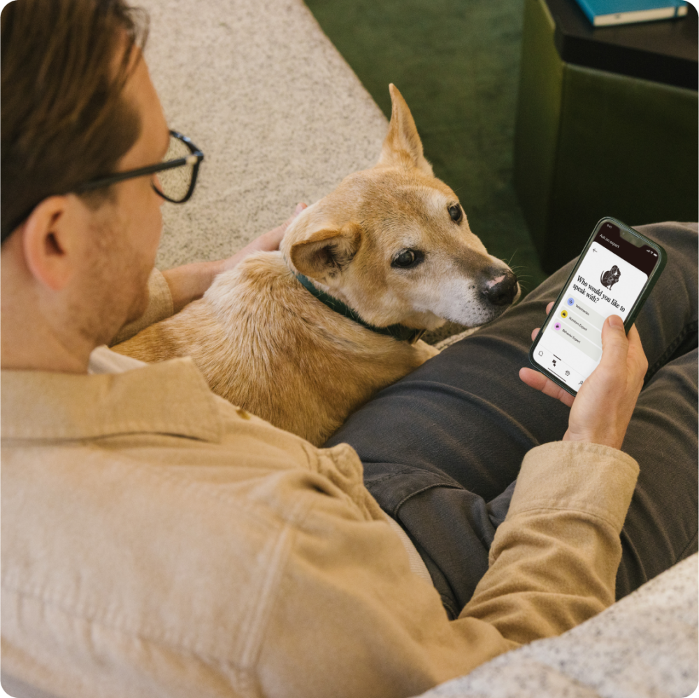 Man with dog and The Kin app on phone