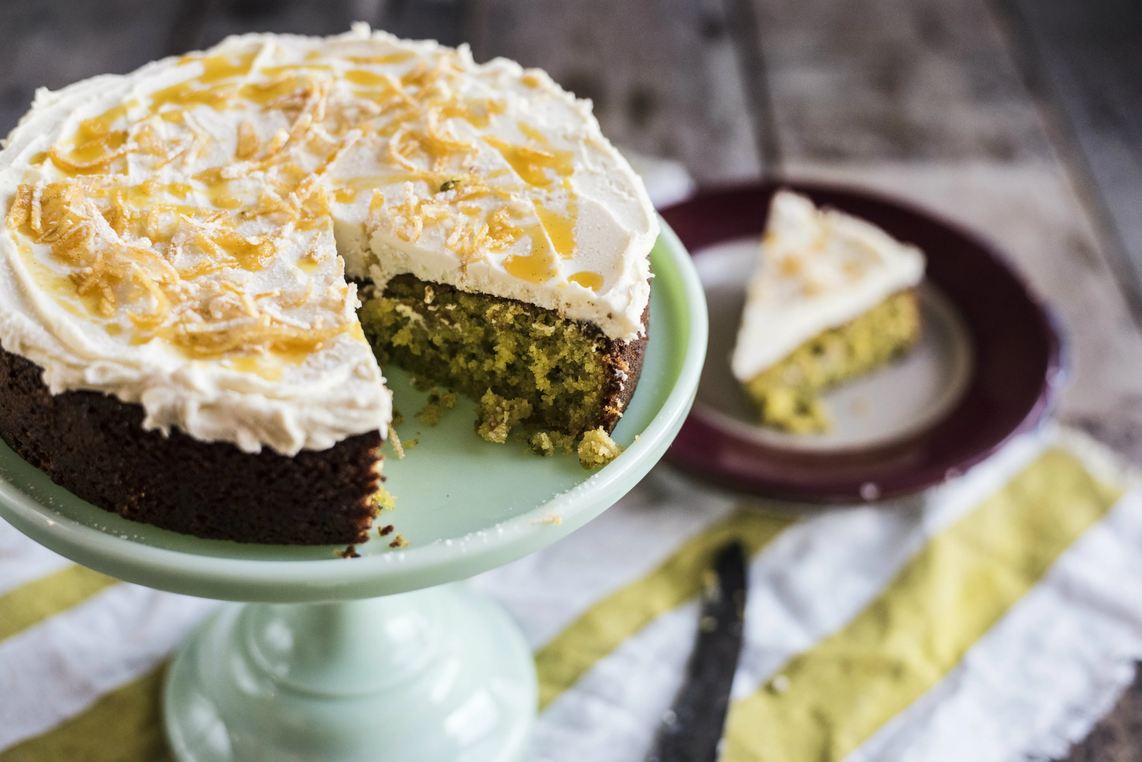 Recipe - Pistachio Polenta Cake with a White Chocolate and Coconut Ganache