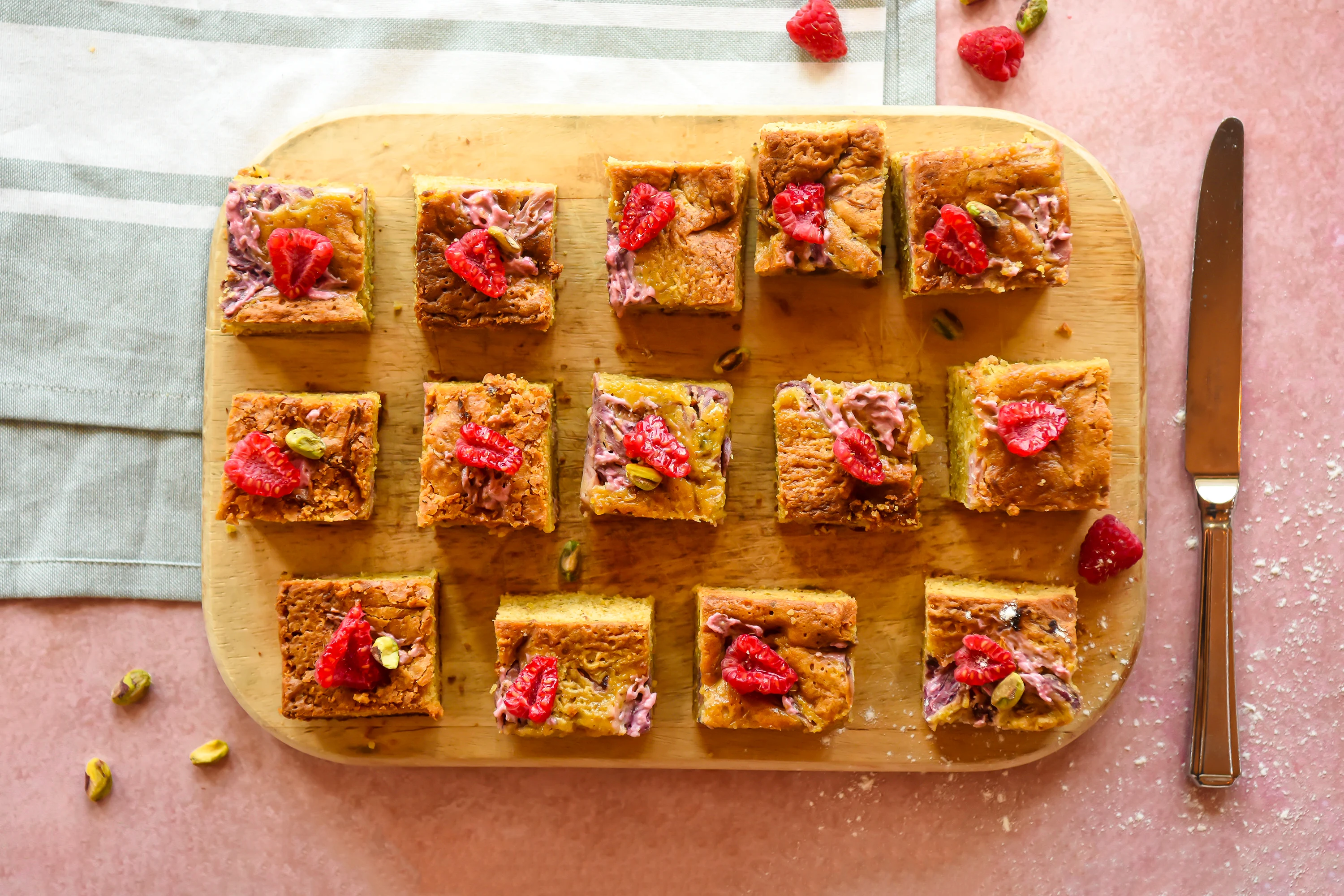 Recipe - Deserts & Baking - White Chocolate and Pistachio Blondies with Raspberry Yogurt Drops