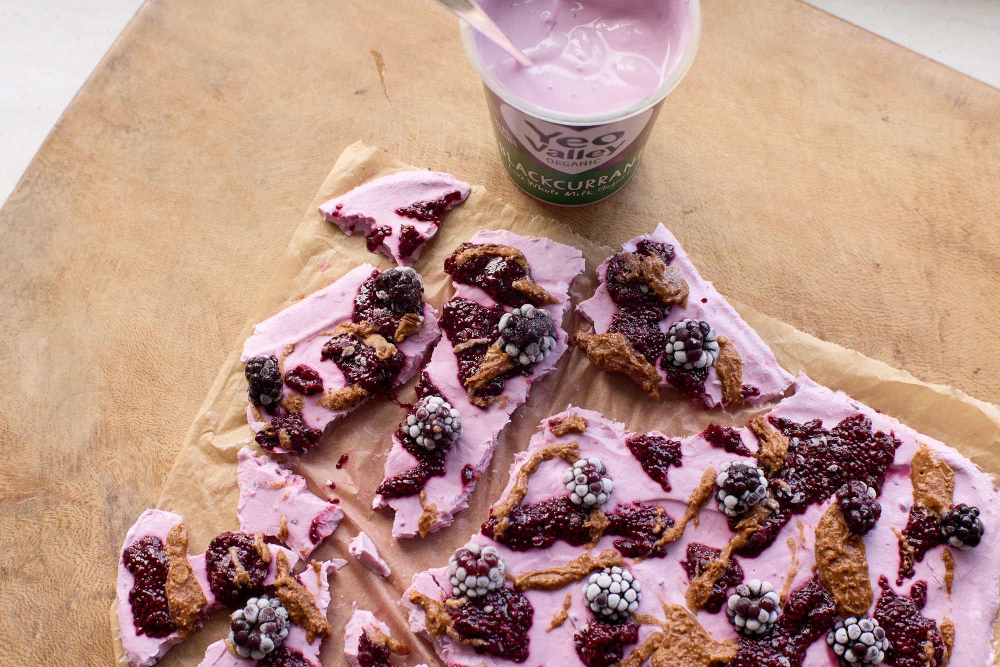 Blackcurrant frozen bark, with nut butter and blackberries 