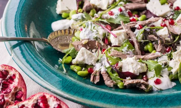 Recipe - Slow Cooked Breast of Hoggit, Broad Beans, Feta, Minted Yogurt and Pomegranates