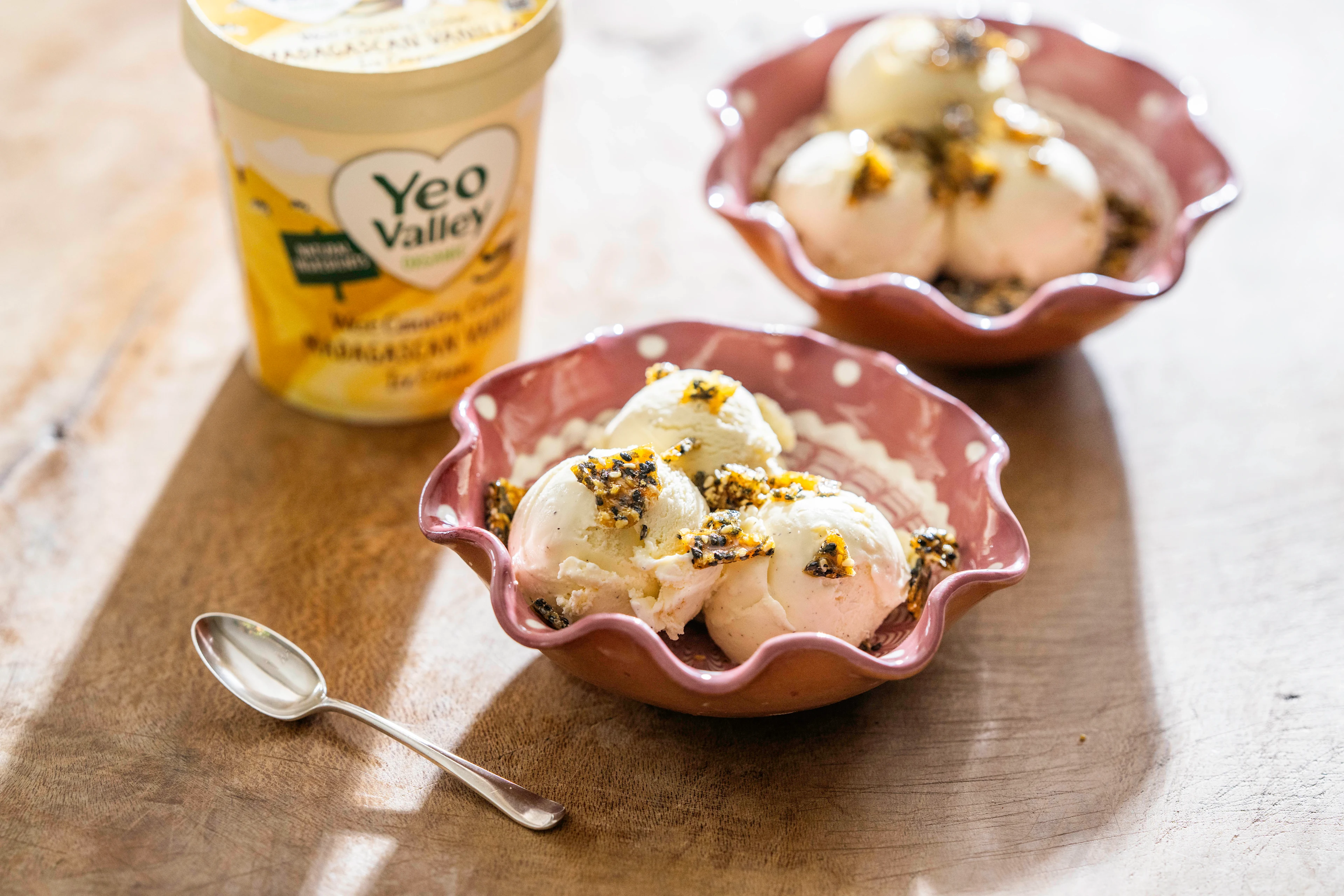 Yeo Valley Organic Madagascan Vanilla Ice Cream, topped with Sesame Brittle