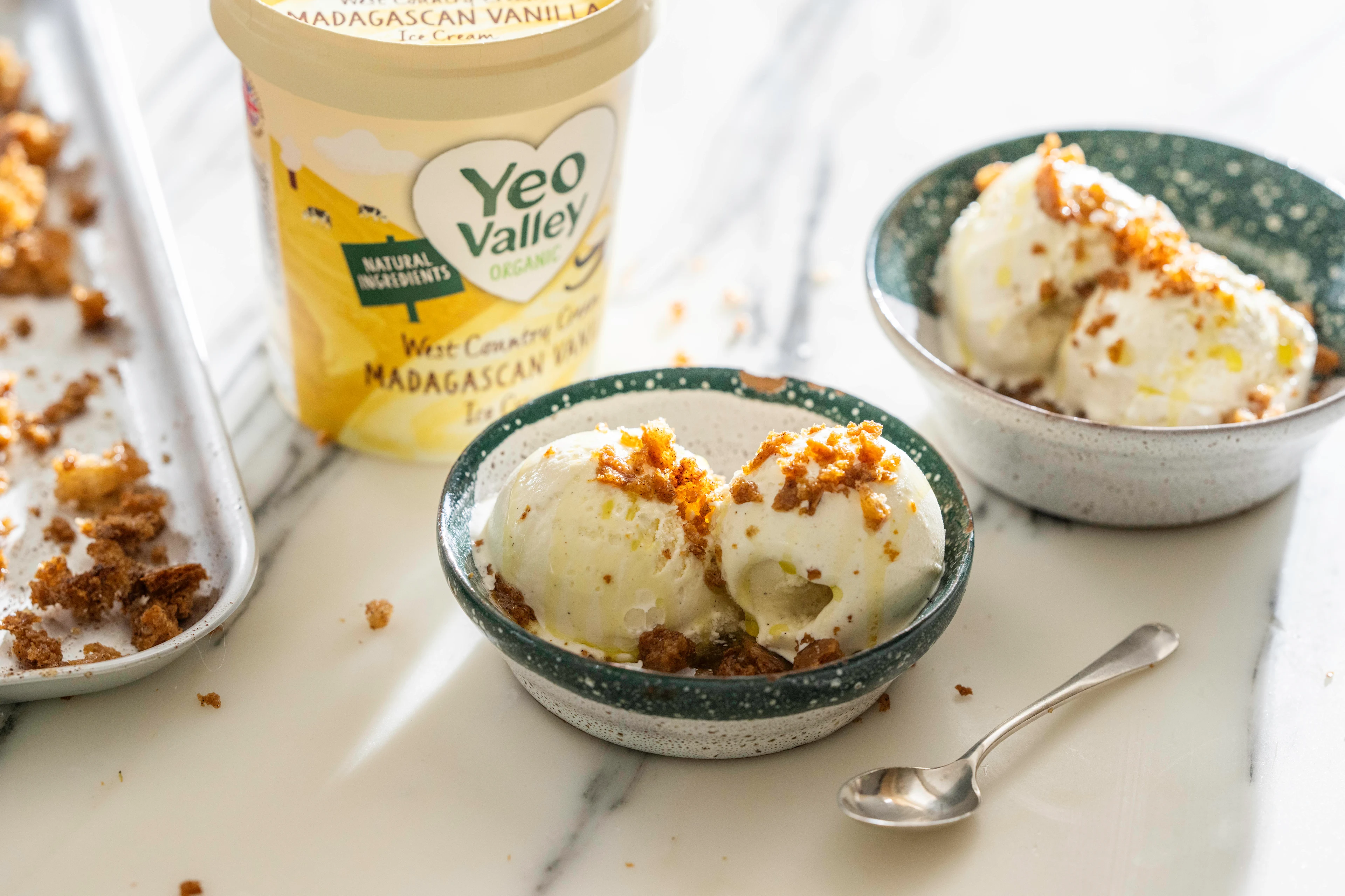 Madagascan Vanilla Ice Cream, topped with CINNAMON SOURDOUGH CRUMB