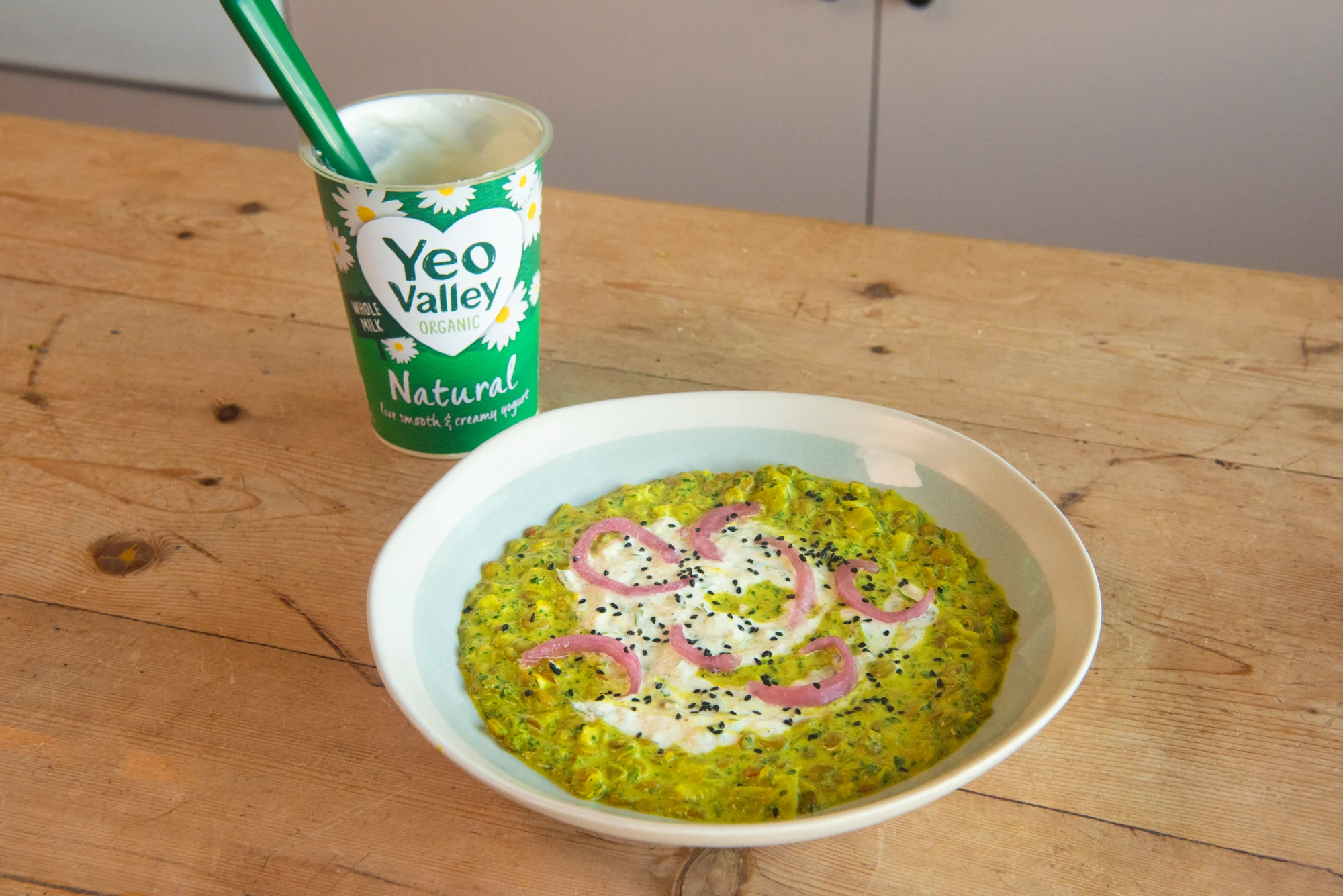 Green Dhal with Natural Yogurt and Pickled Onions