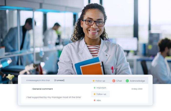 Image of a young happy lab worker and an app screen of the Eletive comment feature
