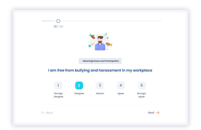 Image of Eletive app showing a question about bullying in the workplace