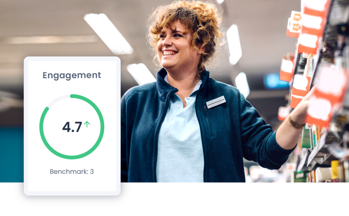 Image of an engaged employee with an app screen of Eletive engagement score with a high score