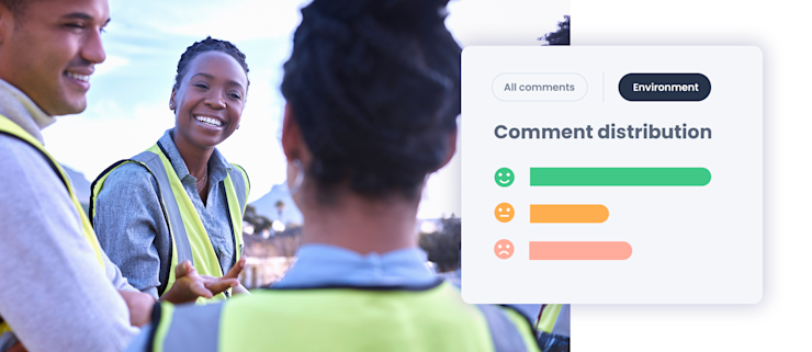 Image of group of happy workers and an app screen of the Eletive app showing the Listening AI-function