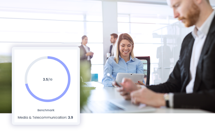 Image of employees using technology and an app screen of the Eletive platform benchmark feature
