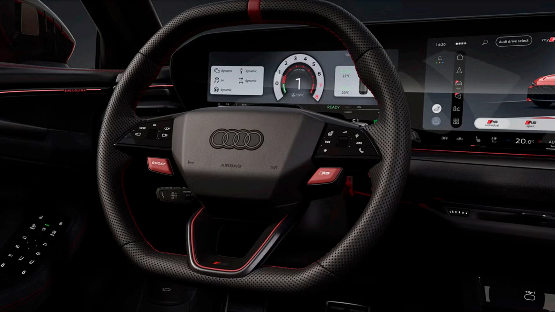 Audi RS 5 Avant sisätilat – ratti ja näyttö.